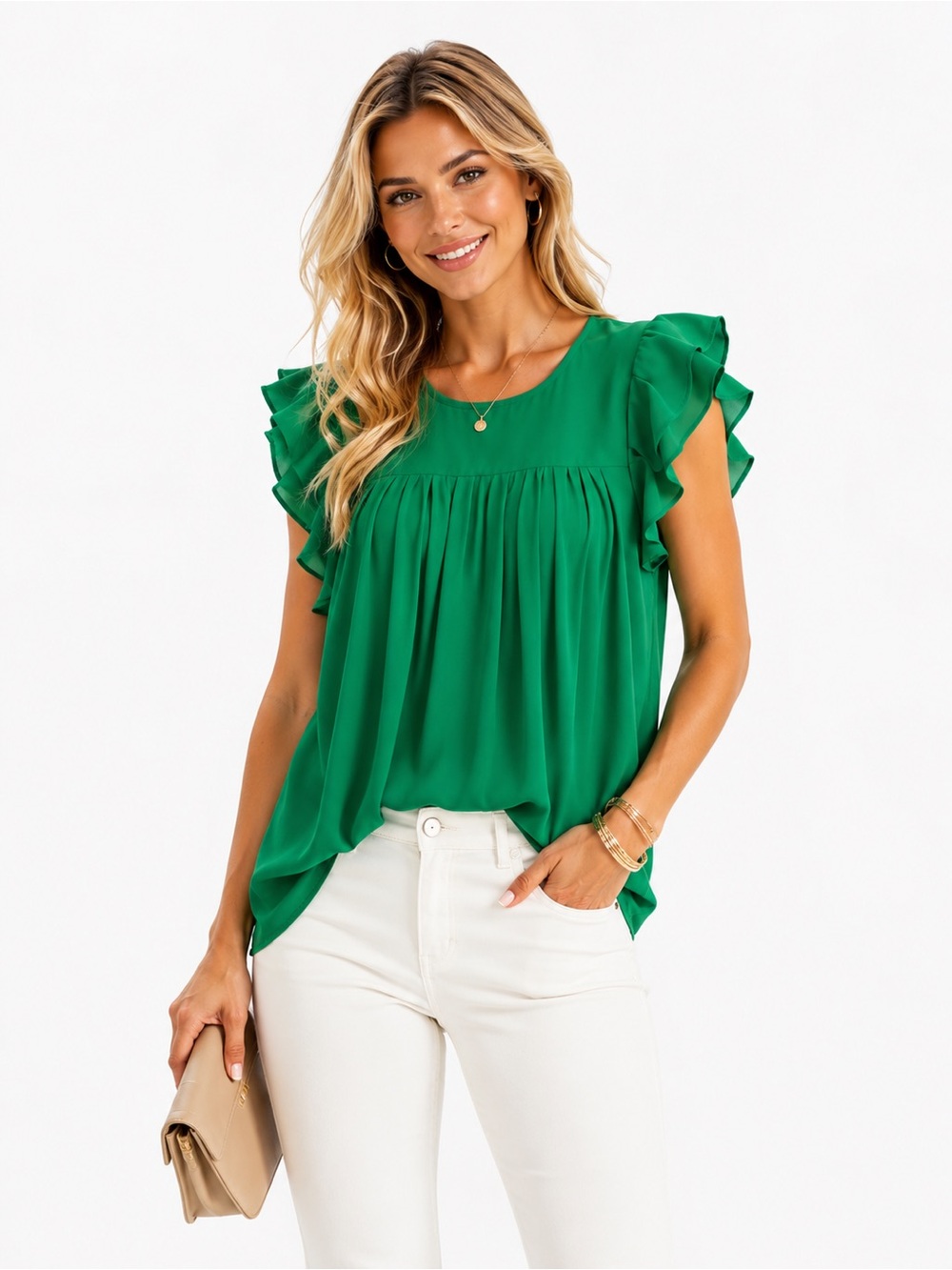 She + Sky Emerald Ruffle Sleeve Blouse